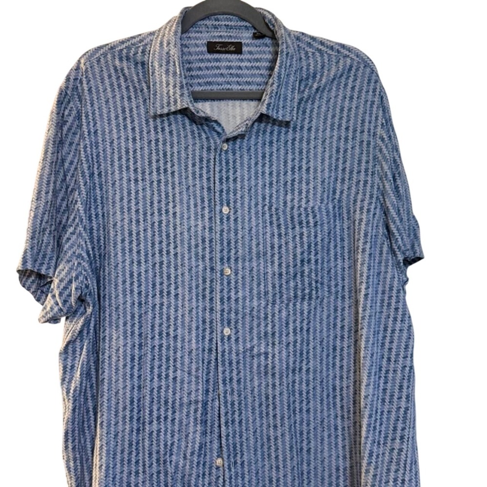 Tasso Elba Blue Herringbone Silk Rayon Short Sleeve Shirt XXL